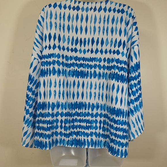 Unknown Womans V Neck Tie Front Blue /White Patterned Loose Fit Sheer Shirt 2XL - Picture 5 of 8